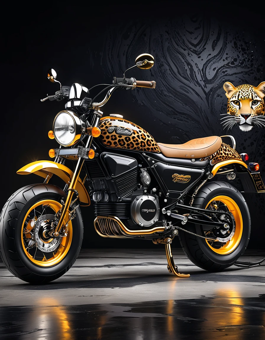 An electric motorcycle with a leopard print retro color,High-quality artworks created by master artists, best quality, Detailed Details,Black mineral background,Create a professional atmosphere,Professional display,