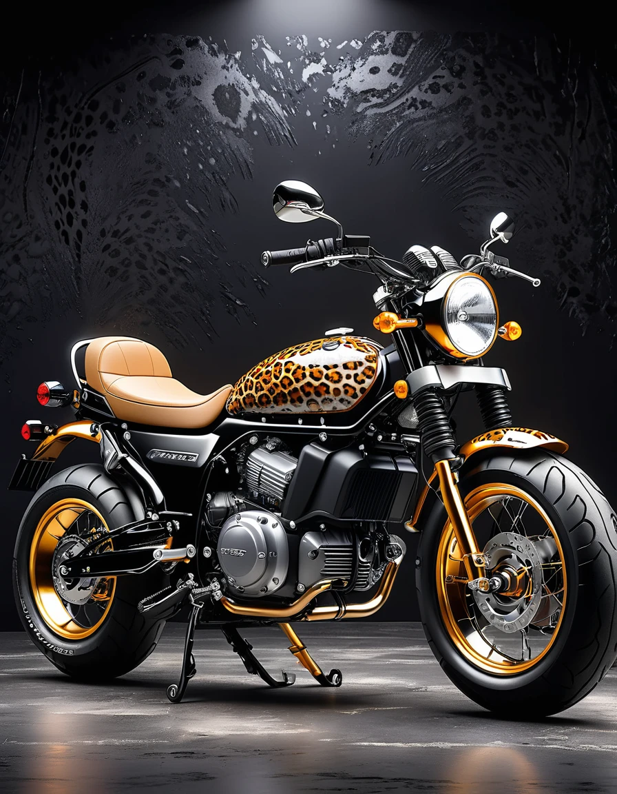 An electric motorcycle with a leopard print retro color，High-quality artworks created by master artists， best quality, Detailed Details，Black mineral background，Create a professional atmosphere，Professional display，