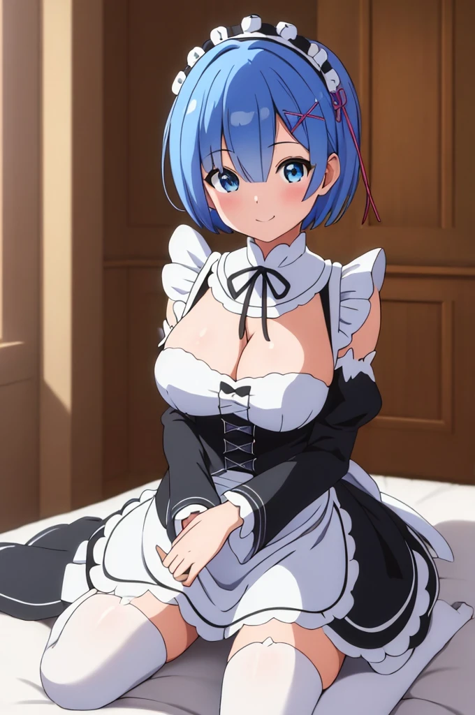 (masterpiece:1.3), best quality, (8k, ultra detailed, ultra high res:1.1), (anime style), perfect 5 fingers, perfect anatomy, 
1girl,
short hair, 
blue hair, 
blue eyes,  
maid headdress, ribbon, x hair ornament, 
large breasts, 
maid uniform, black unuform, detached sleeves, white tights, 
BREAK smile, 
looking at viewer, 
cowboy shot, 
indoor, on the bed, wariza, 