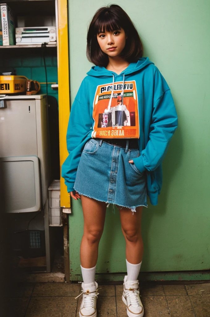 Full Body Shot, full body, girl, , fujicolor photo, fujicolor with flash, fujicolor sample, iso400, taken with a disposable camera, low quality photo, low quality photograph, photograph35mm, 35mm color, 3 5 mm color, photo 35mm, disposable camera photo, color 3 5 mm, taken with a pentax k1000, raise middle finger, rock clothes, girl