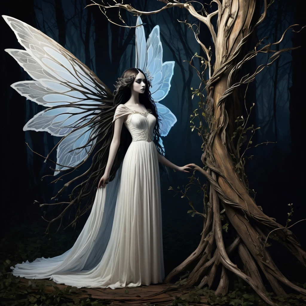 a Fairy standing on the left of a wooden creature, a woman fairy of big wings, with a White Ethereal draped dress, standing next to a figure-boy made of twisted wood logs. For the wooden boy: facial features arms and legs made of branches and vines, it has a rustic and natural appearance, with bark details and knots, without wing. The branches form a human silhouette, with a dark and mysterious touch. gothic art, abstract digital art, goth, illuminated by a dim light, tim burton