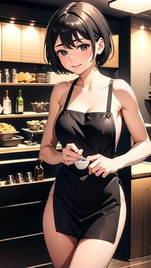 full_body,_apron,restaurant,from_front,short hair,black hair,good anatomy,best quality,masterpiece,beautiful,cute face