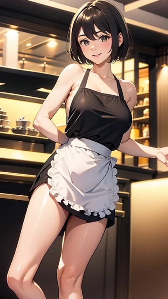 full_body,naked_apron,restaurant,from_front,short hair,black hair,good anatomy,best quality,masterpiece,beautiful,cute face