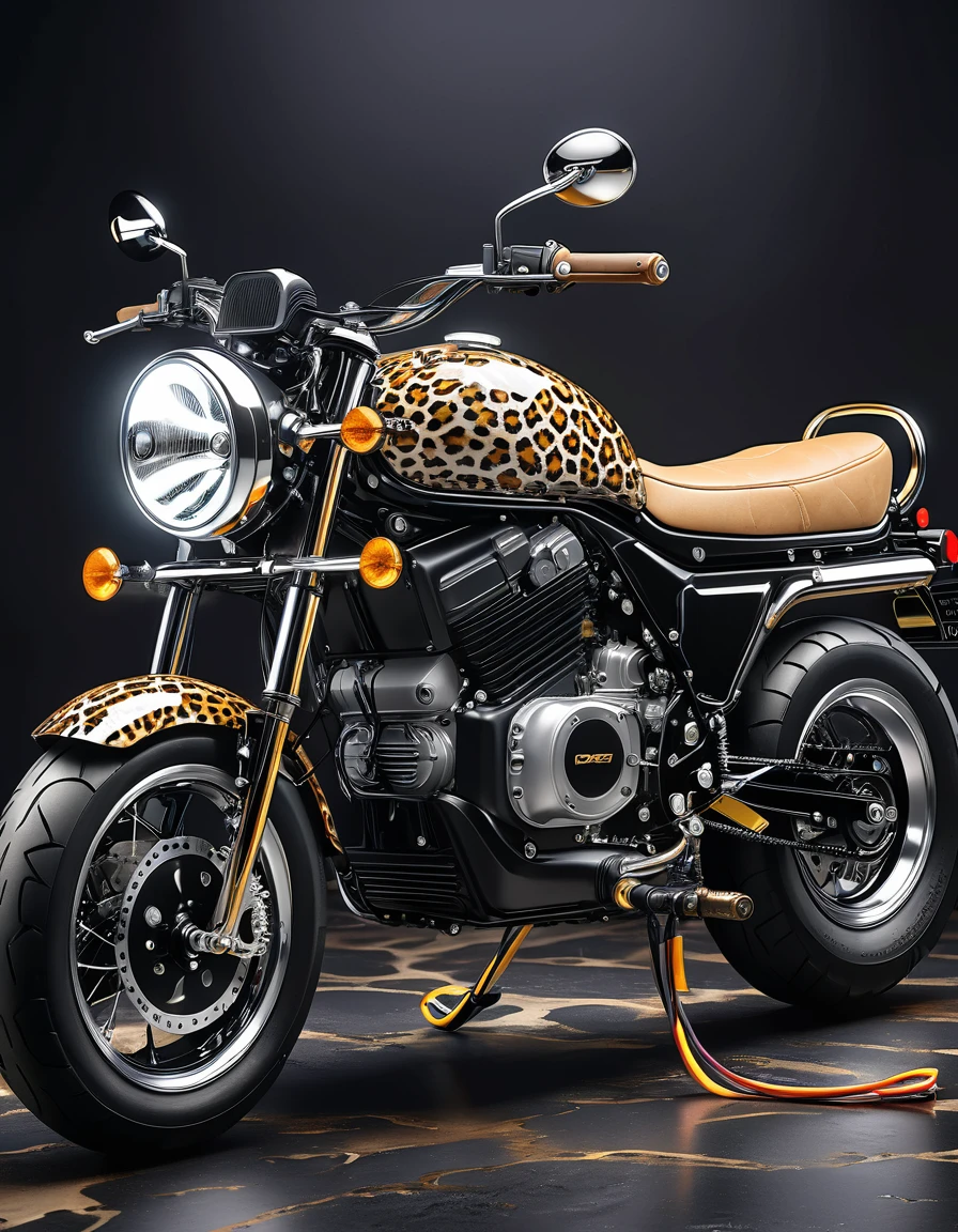 An electric motorcycle with a leopard print retro color，High-quality artworks created by master artists， best quality, Detailed Details，Black mineral background