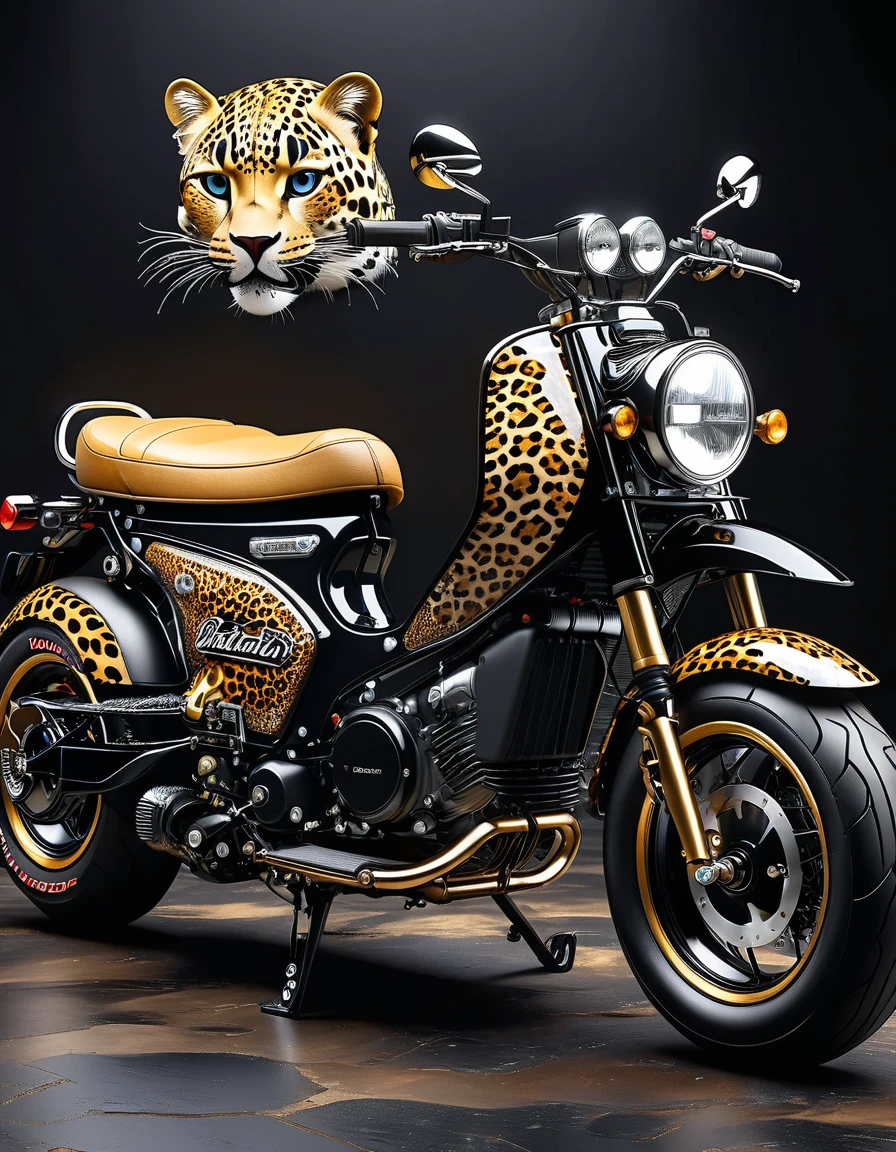 An electric motorcycle with a leopard print retro color,High-quality artworks created by master artists, best quality, Detailed Details,Black mineral background