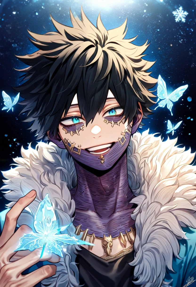 absurdres, highres, ultra detailed, HDR, master piece, best quality, extremely detailed face, delicated features, Dabi, black hair, expressive turquoise eyes, Boku No Hero Academia, sexy man, solo, handsome, smiling, blue jacket with fur, black shirt, fantasy, magical, ice, ice butterflies, snowflakes, starry night