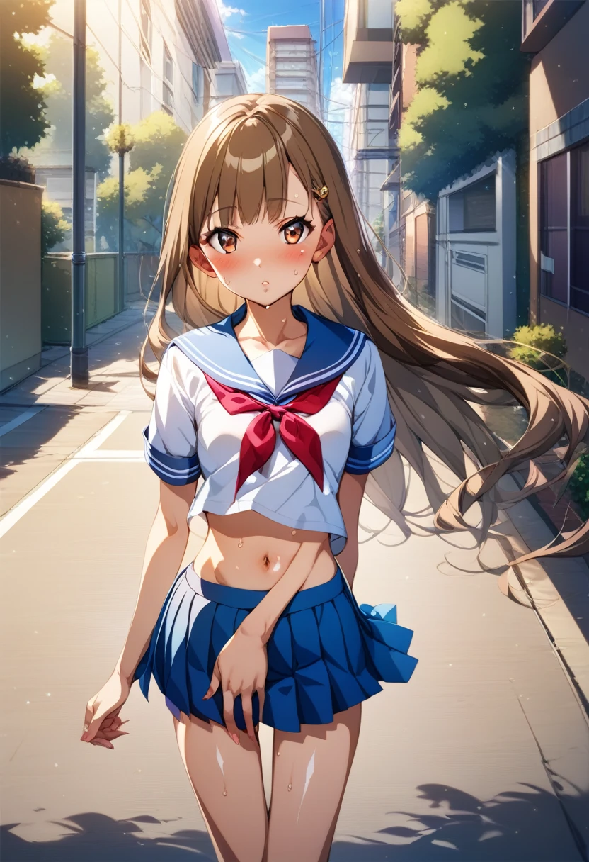 ((masterpiece,Highest quality;1.3,best illustration)),cowboy shot,1woman、30 year old beauty、独奏,((very small head:1.5)),brown hair,long hair,bangs,brown eyes,gorgeous eyes,blush,small breasts,((very long body:1.3)),((toned body,slender body,skinny)),gleaming skin,shiny skin,oily skin,sweat,(school uniform、Sailor suit、mini skirt)、on street,Tokyo,