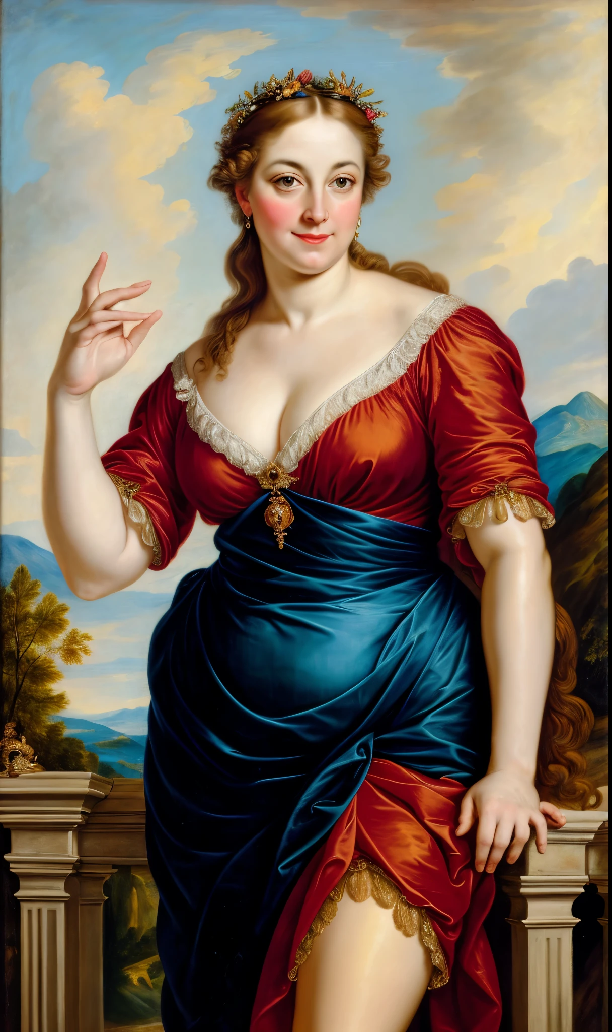 Original Character, ethereal beauty, aesthetic, Masterpiece, 45 years old Woman, thick figure, Full figured lady, middle aged beautiful woman, Best quality, high clarity eyes, critically flawless,sharp picture, styled hair, long hair, fluffy hair, Full portrait, High pixels, perfect face, perfect eyes, beautiful face, perfect hands,perfect fingers, in Peter Paul Rubens style, by Peter Paul Rubens, baroque style, acrylic on canvas, highly detailed, description: "Create a nymph inspired by the tales of Greek or Roman mythology, embodying the essence of a natural element or location, and possessing a unique ability or trait that sets her apart."