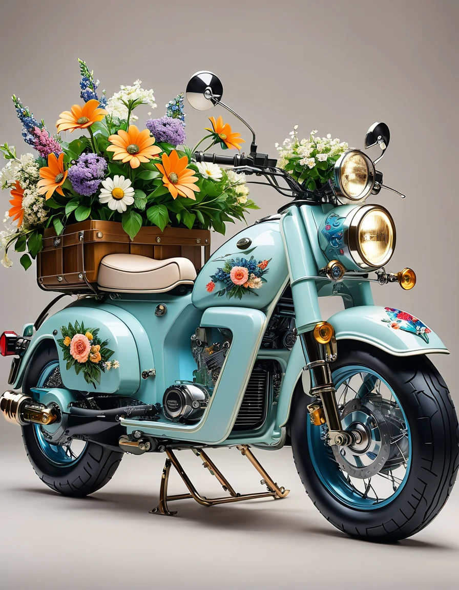 A retro electric motorcycle loaded with flowers, High-quality artworks created by master artists， best quality, Detailed Details