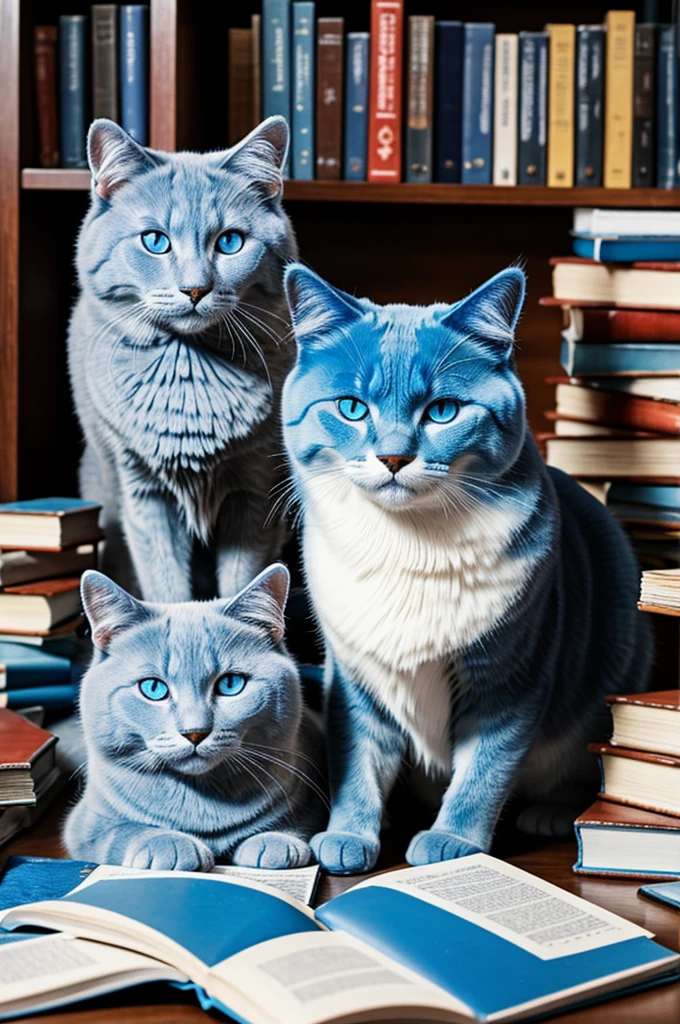 Portrait of a blue Russian cat, accompanied by a white pomsky and both surrounded by books
