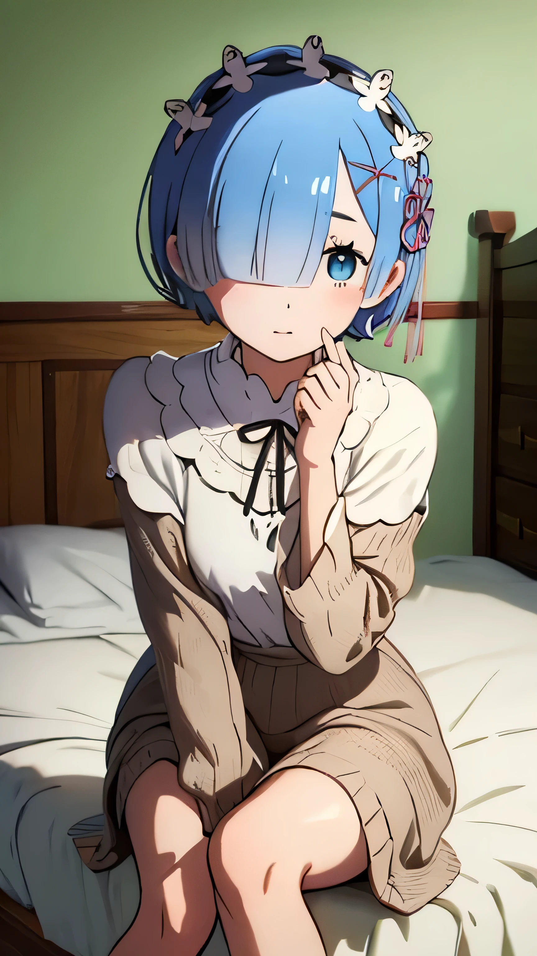  , sitting on the bed looking cute  , high image quality, bright coloured 