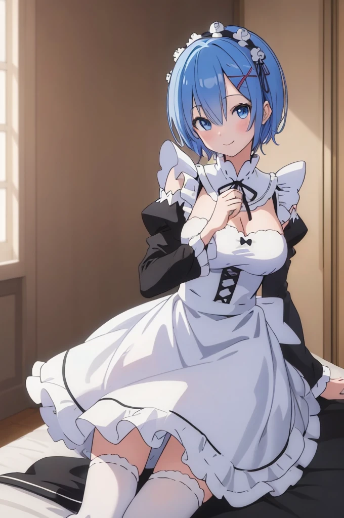 (masterpiece:1.3), best quality, (8k, ultra detailed, ultra high res:1.1), (anime style), perfect 5 fingers, perfect anatomy,
1girl,
short hair,
blue hair,
blue eyes,
maid headdress, ribbon, x hair ornament,
large breasts,
maid uniform, black unuform, detached sleeves, white tights,
BREAK smile,
looking at viewer,
cowboy shot,
indoor, on the bed, wariza,