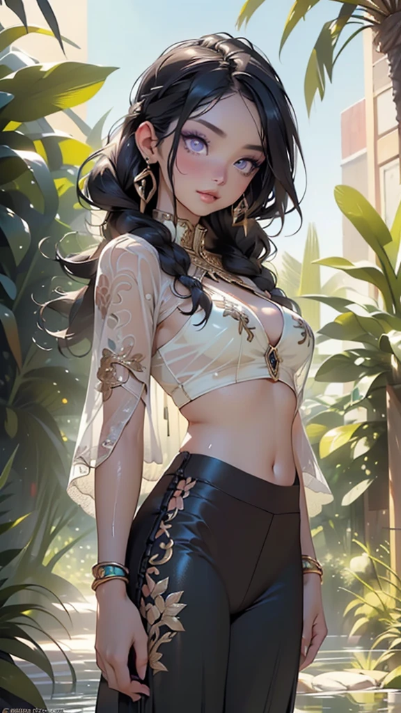 girl from ancient Egypt,1girl,
(large breasts:1.4),((((long twin braids,tight braids,long braid,braided hair,long hime cut,dark hair,black hair,colored inner hair)))),(((purple_eyes:1.3))),intricate eyes,beautiful detailed eyes,symmetrical eyes,((((lustrous skin:1.5,tanned skin,bright skin: 1.5,skin tanned,shiny skin,very shiny skin,shiny body,Reflective skin)))),(spider lower abdomen,narrow waist,wide hip,athletic body,inflated legs,thick thighs,delicate detailed fingers,(detailed face)),beautiful detailed lips,
cute,slutty,sensual,seductive look,seductive,((erotic)),opulent,sumptuous,((nsfw)),
zettai ryouiki,revealing clothing,show skin,cleavage,((underboob)),(((barefoot))),((harem bikini, harem beauty, beautiful alluring,transparent harem pants,((low-rise belly dance pants)),see-through pants)),((intricate harem outfit)),harem accessories,(harem jewelry in her arms),earrings,(((eyeshadow,egyptian makeup,eyelid makeup))),(((turquoise clothes:1.5,turquoise outfit:1.5,Transparent cloth:1.1,wet clothes,intricate outfit,embroidered outfit,ornate outfit,intricate cloth,embroidered cloth,ornate cloth))),
(flirtatious pose:1.3), looking at viewer,embarrassed,centered,scale to fit dimensions,Rule of thirds,
outdoors,(Bedouin tents,Bedouin tents background),scenery,(oasis,oasis background),extremely scenery,(puddles everywhere,moss,moss on the background),clouds,arabian style,palms,(sunset, golden hour),
(Glossy Egyptian ornaments),highres,sharp focus,(ultra detailed,extremely detailed),(photorealistic artwork:1.37),(extremely detailed CG unity 8k wallpaper),(((vibrant colors,vibrant theme))),(intricate),(masterpiece),(best quality),artistic photography,(photography taken by sldr),(intricate background),perfect rendered face,perfect face details,realistic face,photo realistic,((intricate detail)),(((realism))),