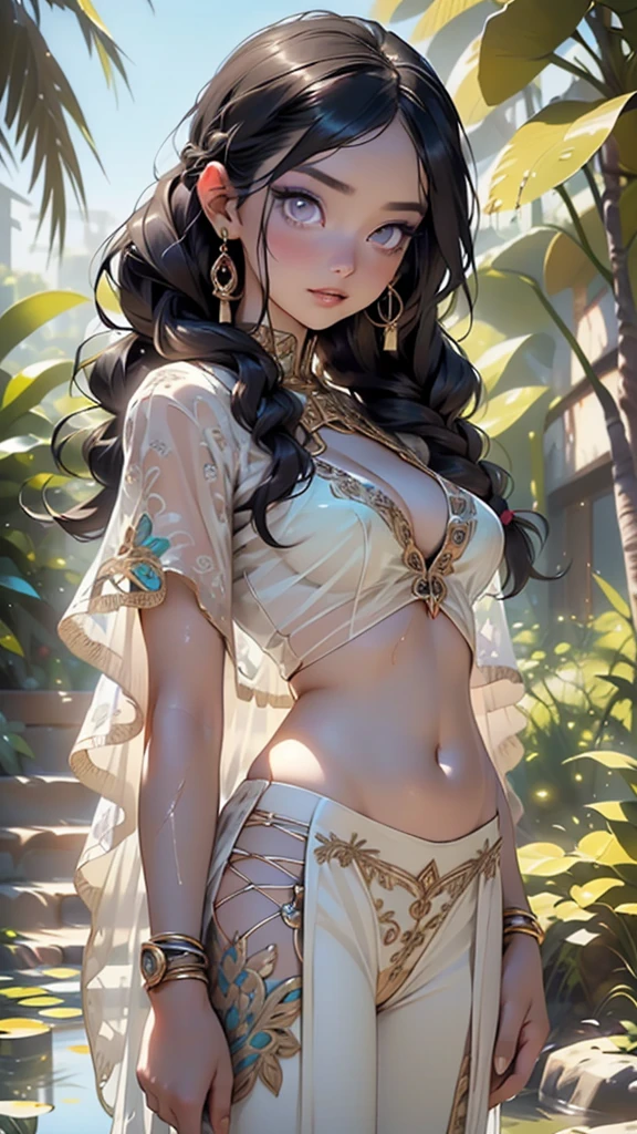 girl from ancient Egypt,1girl,
(large breasts:1.4),((((long twin braids,tight braids,long braid,braided hair,long hime cut,dark hair,black hair,colored inner hair)))),(((purple_eyes:1.3))),intricate eyes,beautiful detailed eyes,symmetrical eyes,((((lustrous skin:1.5,tanned skin,bright skin: 1.5,skin tanned,shiny skin,very shiny skin,shiny body,Reflective skin)))),(spider lower abdomen,narrow waist,wide hip,athletic body,inflated legs,thick thighs,delicate detailed fingers,(detailed face)),beautiful detailed lips,
cute,slutty,sensual,seductive look,seductive,((erotic)),opulent,sumptuous,((nsfw)),
zettai ryouiki,revealing clothing,show skin,cleavage,((underboob)),(((barefoot))),((harem bikini, harem beauty, beautiful alluring,transparent harem pants,((low-rise belly dance pants)),see-through pants)),((intricate harem outfit)),harem accessories,(harem jewelry in her arms),earrings,(((eyeshadow,egyptian makeup,eyelid makeup))),(((turquoise clothes:1.5,turquoise outfit:1.5,Transparent cloth:1.1,wet clothes,intricate outfit,embroidered outfit,ornate outfit,intricate cloth,embroidered cloth,ornate cloth))),
(flirtatious pose:1.3), looking at viewer,embarrassed,centered,scale to fit dimensions,Rule of thirds,
outdoors,(Bedouin tents,Bedouin tents background),scenery,(oasis,oasis background),extremely scenery,(puddles everywhere,moss,moss on the background),clouds,arabian style,palms,(sunset, golden hour),
(Glossy Egyptian ornaments),highres,sharp focus,(ultra detailed,extremely detailed),(photorealistic artwork:1.37),(extremely detailed CG unity 8k wallpaper),(((vibrant colors,vibrant theme))),(intricate),(masterpiece),(best quality),artistic photography,(photography taken by sldr),(intricate background),perfect rendered face,perfect face details,realistic face,photo realistic,((intricate detail)),(((realism))),