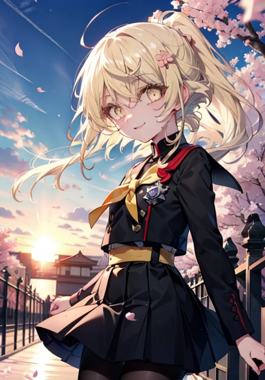 アイスWallenstein, Wallenstein, Blonde, Hair between the eyes, hair band, Long Hair, (Yellow Eyes:1.5),happy smile, smile, Close your mouth,smile,blush,Black Sailor Suit,Black pleated skirt,Black Pantyhose,Brown Loafers,morning,morning陽,The sun is rising,Cherry blossoms are blooming,Cherry blossoms are scattered,Cherry blossom tree-lined path,break looking at viewer, break outdoors,School　School building, break (masterpiece:1.2), highest quality, High resolution, unity 8k wallpaper, (shape:0.8), (Beautiful and beautiful eyes:1.6), Highly detailed face, Perfect lighting, Highly detailed CG, (Perfect hands, Perfect Anatomy),