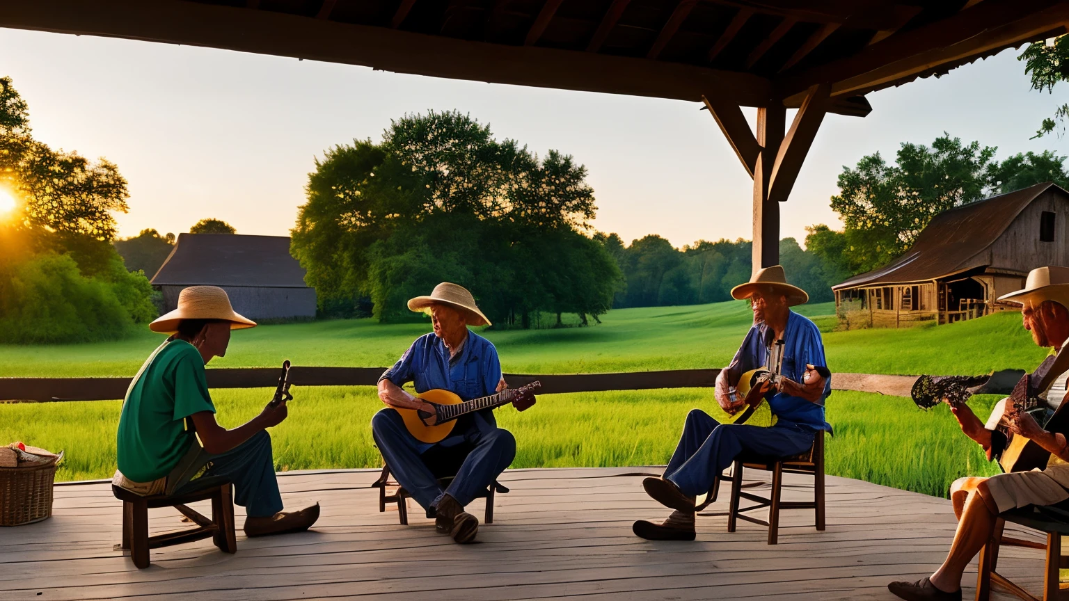 Rural scene at dusk: An elderly farmer in a straw hat sits on the porch of a worn wooden house, while two young banjo players play frantically, competing amicably in a musical contest. Ao fundo, a horse grazes serenely in a green field.