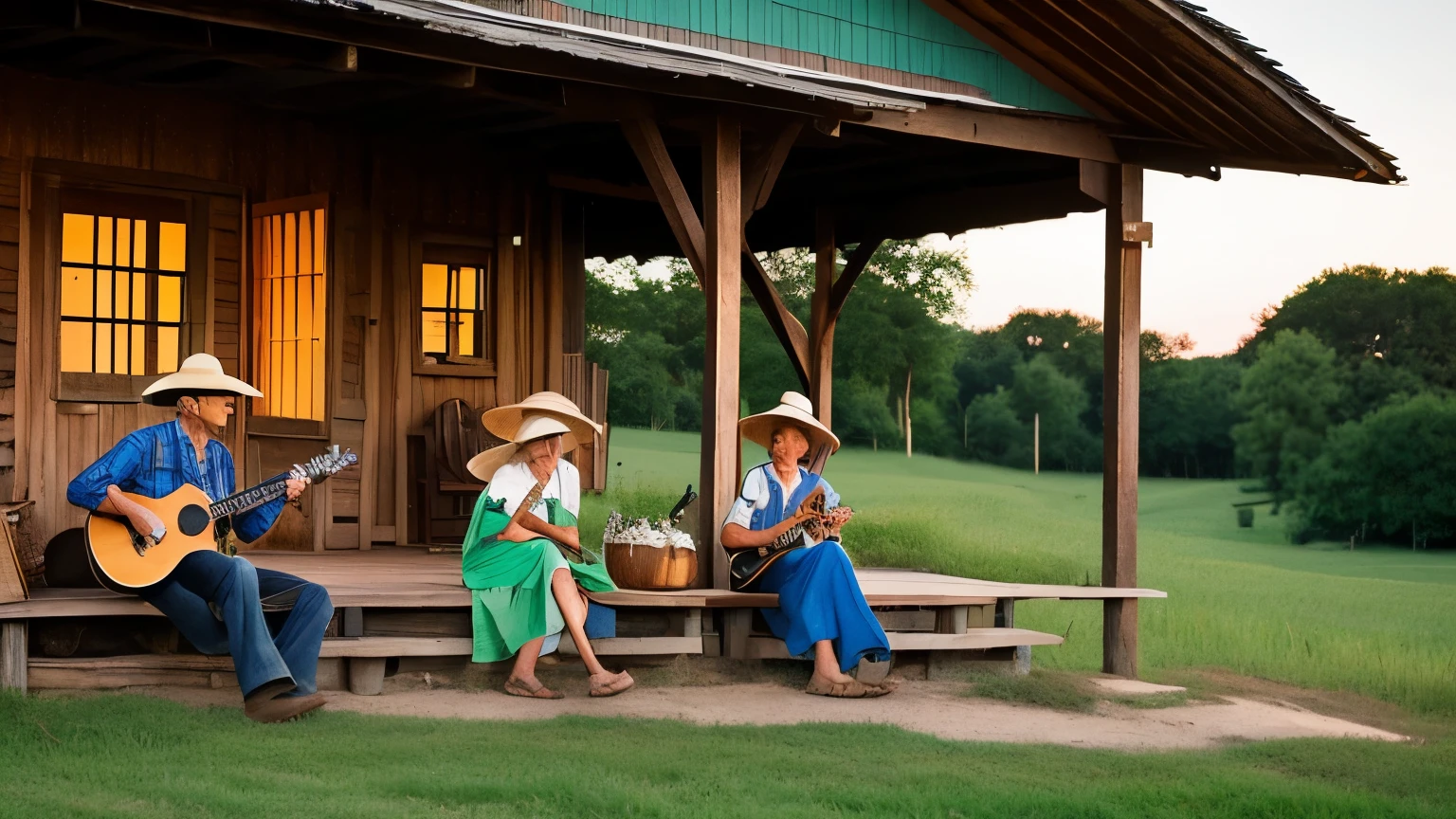 Rural scene at dusk: An elderly farmer in a straw hat sits on the porch of a worn wooden house, while two young banjo players play frantically, competing amicably in a musical contest. Ao fundo, a horse grazes serenely in a green field.
