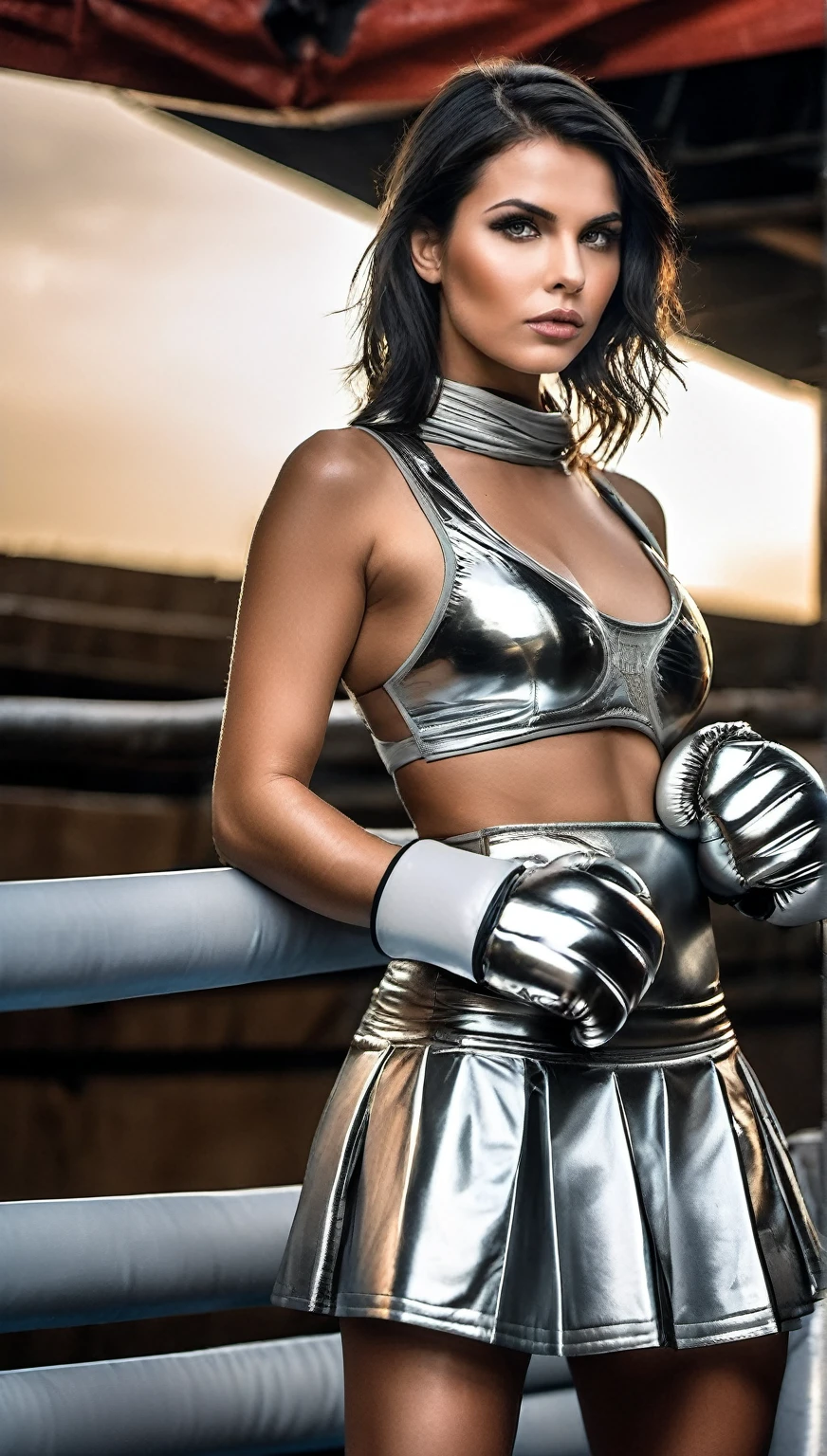 Gorgeous and stunning girl, 8k, dlsr photo of Dystopian style, Post-apocalyptic, wearing a (silver latex pleated skirt and silver boxing gloves), (jet-black hair), pre-fight pose in a futuristic boxing ring, masterpiece, best quality, (intricate details, eldritch, glow, glowing eyes, volumetric lighting, unique pose, dynamic pose, dutch angle, 35mm, anamorphic, lightroom, cinematography, film grain, HDR10, 8k hdr, Steve McCurry, ((cinematic)), RAW, color graded portra 400 film, remarkable color, . Bleak, post-apocalyptic, somber, dramatic, highly detailed, huge firm breasts, deep cleavage, perfectly round breasts, boltedontits,