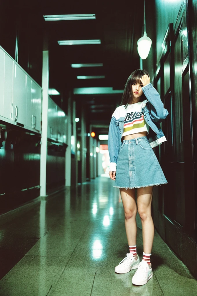 Full Body Shot, full body, girl, , fujicolor photo, fujicolor with flash, fujicolor sample, iso400, taken with a disposable camera, low quality photo, low quality photograph, photograph35mm, 35mm color, 3 5 mm color, photo 35mm, disposable camera photo, color 3 5 mm, taken with a pentax k1000, raise middle finger, rock clothes, girl