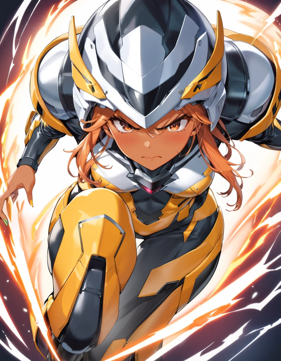 dynamic angle, (close up face), a ultra detailed beautiful moe anime, (angry, embarrassed, tan), tsundere gal wearing a powered suit is a fusion of chaos and harmony. Her vibrant hair color and flashy nails contrast with the suit’s cold metallic quality. When she dons the suit’s helmet, her eyes blaze with fighting spirit and determination. Yet, amidst that strength, glimpses of her tsundere nature peek through. As she takes control of the powered suit, her movements overwhelm enemies in an instant.