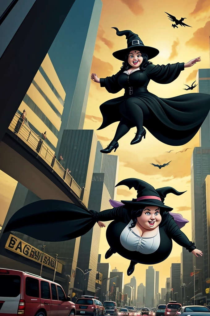 Cartoon of an obese witch flying on her broom, dressed in black, She has black hair and flies around on her broom while normal people watch her..look scared in rush hour traffic