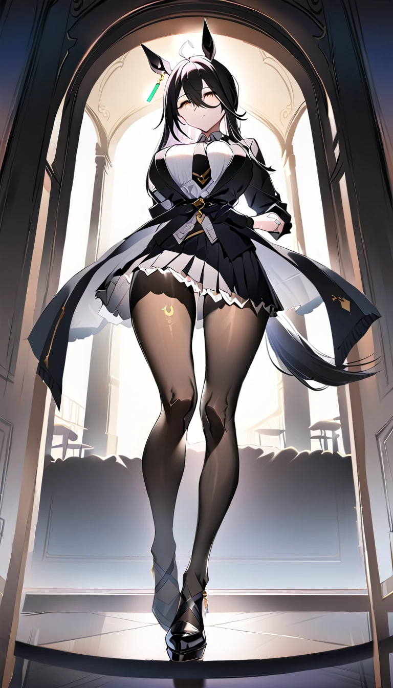 (full body),masterpiece, Highest quality, One Girl, alone, Manhattan Cafe, Expressionless, Show Viewer, Ahoge, Black jacket, shirt, tie, Black gloves, skirt, pantyhose, Single earring, Horse tail,Hair between the eyes, Thick thighs，Big Breasts，