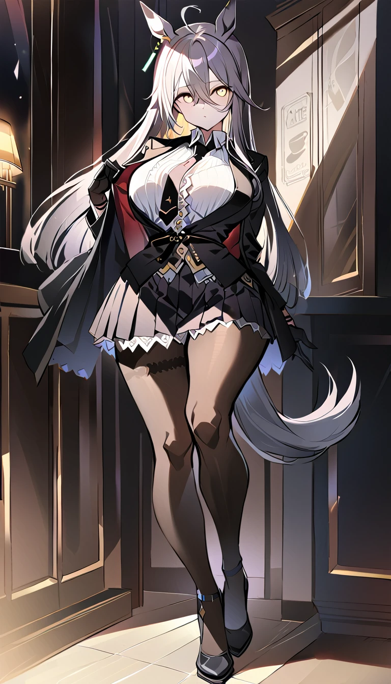 (full body),masterpiece, Highest quality, One Girl, alone, Manhattan Cafe, Expressionless, Show Viewer, Ahoge, Black jacket, shirt, tie, Black gloves, skirt, pantyhose, Single earring, Horse tail,Hair between the eyes, Thick thighs，Big Breasts，