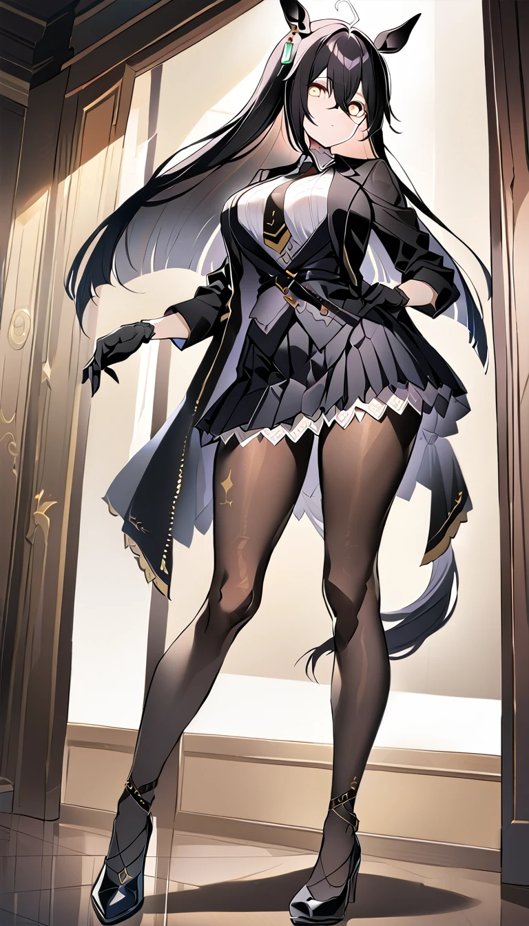 (full body),masterpiece, Highest quality, One Girl, alone, Manhattan Cafe, Expressionless, Show Viewer, Ahoge, Black jacket, shirt, tie, Black gloves, skirt, pantyhose, Single earring, Horse tail,Hair between the eyes, Thick thighs，Big Breasts，