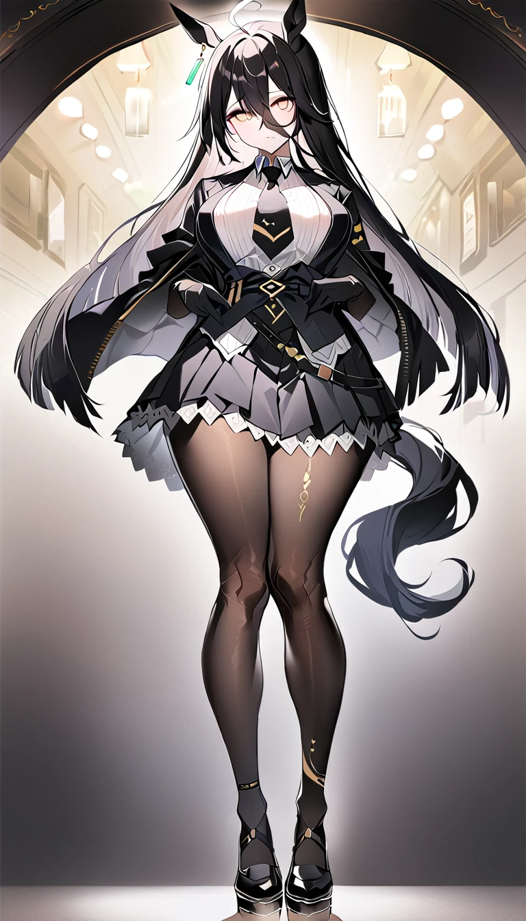 (full body),masterpiece, Highest quality, One Girl, alone, Manhattan Cafe, Expressionless, Show Viewer, Ahoge, Black jacket, shirt, tie, Black gloves, skirt, pantyhose, Single earring, Horse tail,Hair between the eyes, Thick thighs，Big Breasts，