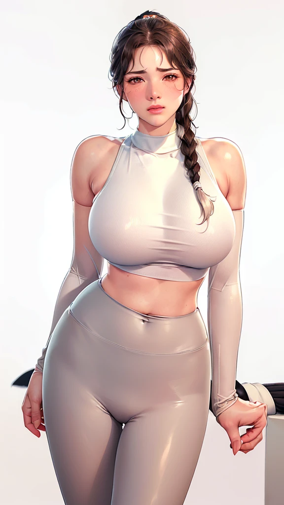 (((Perfect body,White and tender skin,(((Black yujiasuit, yoga pants, yoga long sleeves))),(((brown eyes, braid, long hair, braided ponytail, single braid, hair over shoulder, bangs, blush, lips))),((masterpiece)),highres,((Best quality at best)),masterpiece,quality,Best quality,((( Exquisite facial features,Looking at the audience,There is light in the eyes,(((frown,blush)))fitness,sports,))),(((Light and shadow,Huge breasts,))),(((Looking at the camera,White background))))