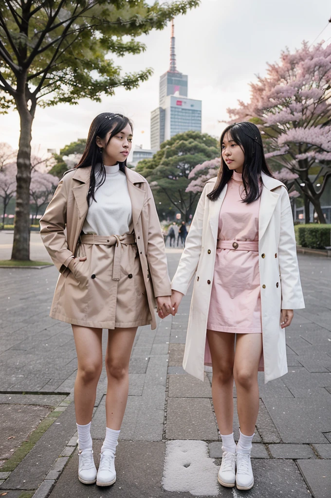 photo of two 20yo Indonesian women with black hair, wearing latte coats slayers standing arm in arm in a Tokyo city park, with a pink and white backdrop, view of cherry blosso snow