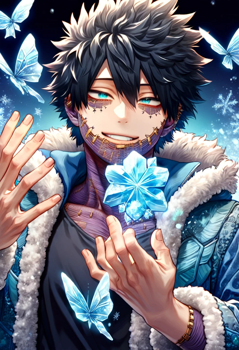 absurdres, highres, ultra detailed, HDR, master piece, best quality, extremely detailed face, delicated features, Dabi, black hair, expressive turquoise eyes, Boku No Hero Academia, sexy man, solo, handsome, smiling, blue jacket with fur, black shirt, fantasy, magical, ice, ice butterflies, snowflakes, starry night