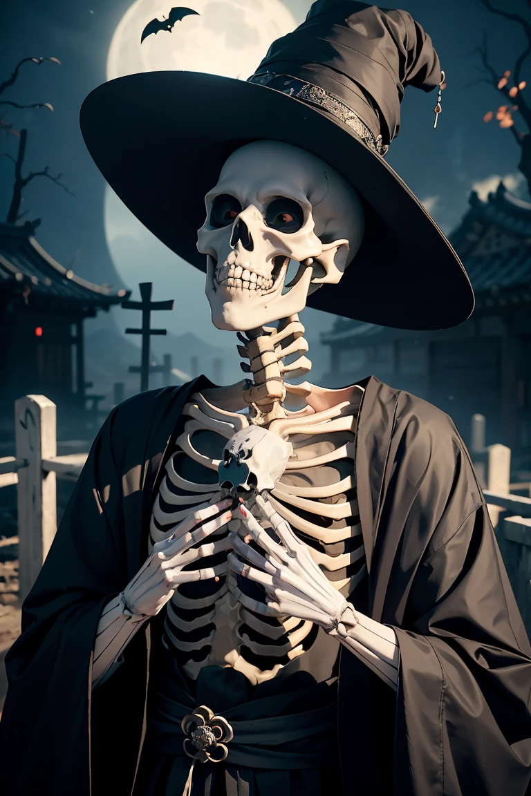arafed man in a skeleton costume with a hat on his head, hone onna skeleton geisha, skeleton boy, xue han, god of death, god of death in a graveyard, inspired by Xie Huan, eerie art style, saint skeleton queen, lulu chen, halloween art style, jingna zhang, wenfei ye, 2 d cg