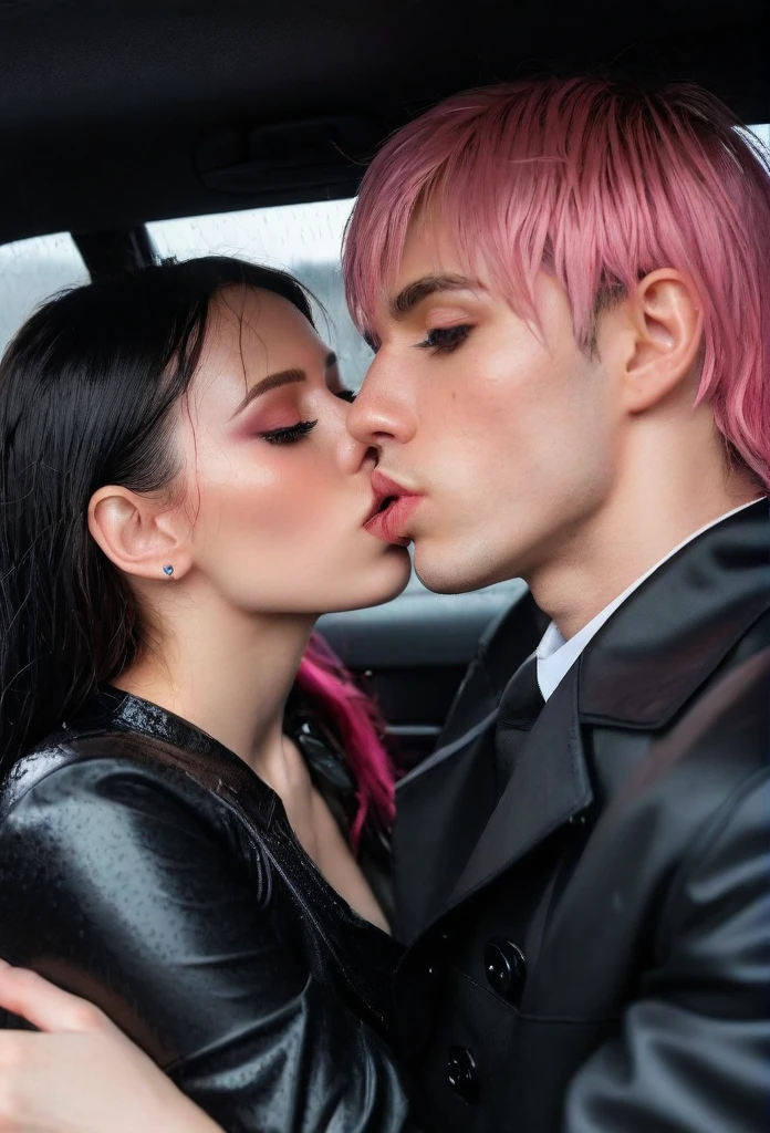 1 girl, 1 boy, beautiful detailed eyes, beautiful detailed lips, extremely detailed eyes and face, long eyelashes, pink hair, white pleated shirt, cracked button on the chest, upskirt, black hair, black catsuit, black pants, kissing in car, severe rainy weather, (best quality, 4k, 8k, highres, masterpiece:1.2), ultra-detailed, (realistic, photorealistic, photo-realistic:1.37), illustration, vivid colors, studio lighting, professional