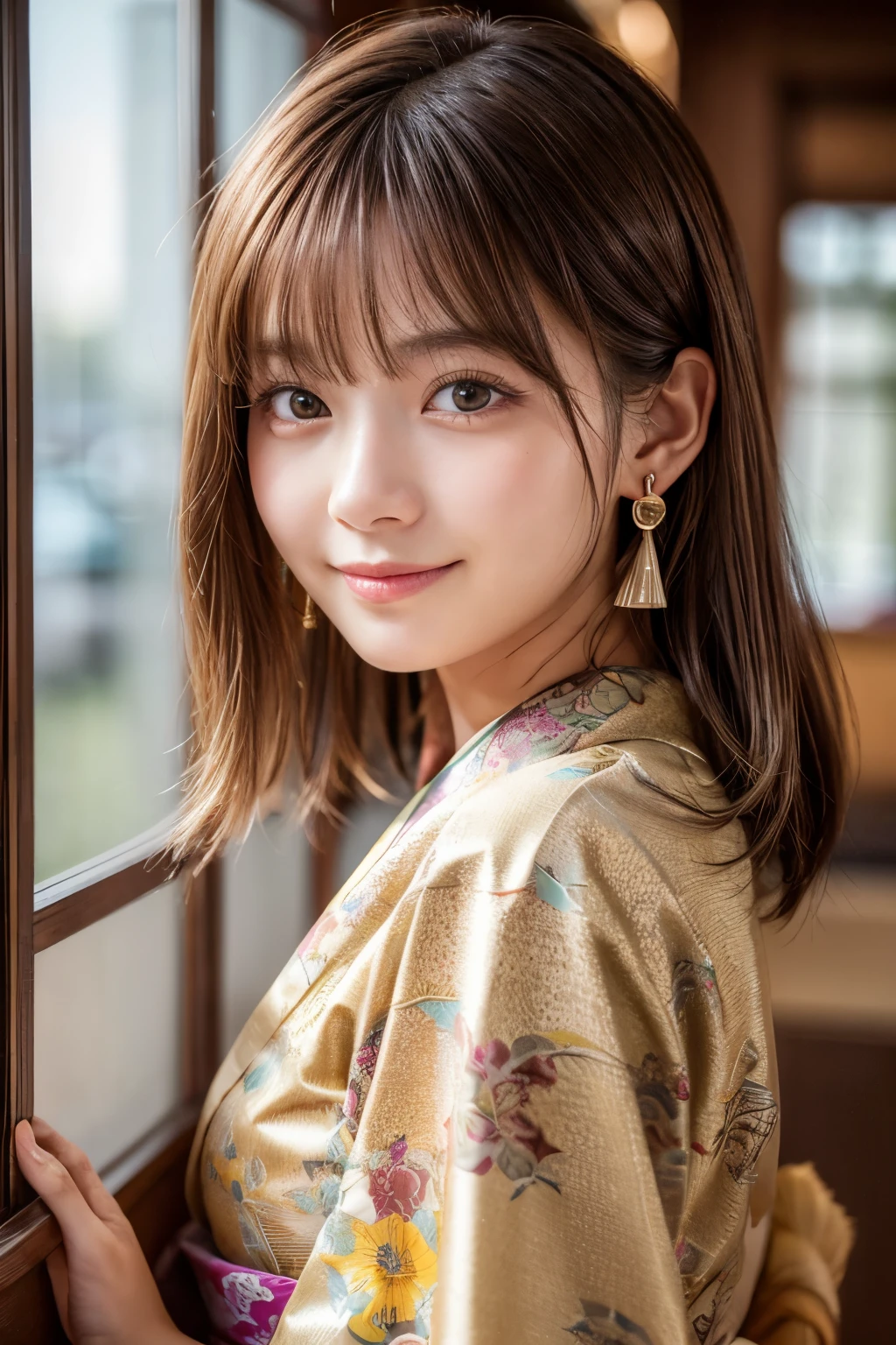 Upper Body、Beauty、Well-formed face、Wearing a gorgeous Japanese kimono、20-year-old、Uniform eyes、Small face、, light brown hair, hair over shoulder, parted bangs, straight hair, expressive hair, shiny hair, earrings, seductive smile, kanzashi, nihongami, Surrealism, cinematic lighting, first-person view, pov, f/1.2, Nikon, UHD, textured skin, best quality, highres, 8k