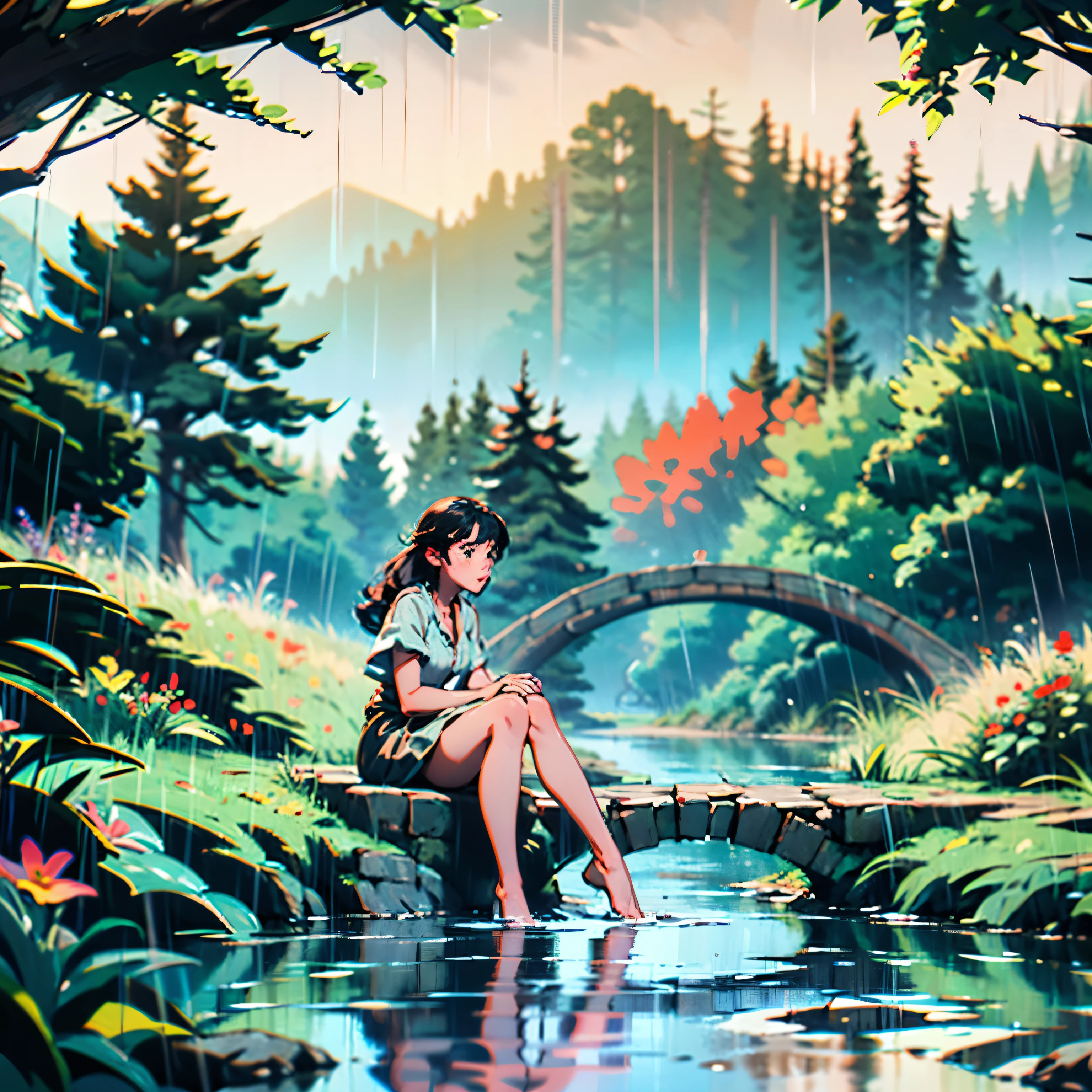 Girl by a Stream:

The girl is sitting by a small stream, dipping her toes in the water, enjoying the rain.
The scene includes a stone bridge, wildflowers along the banks, and forested hills in the background.
Raindrops create ripples in the stream, adding to the serene atmosphere