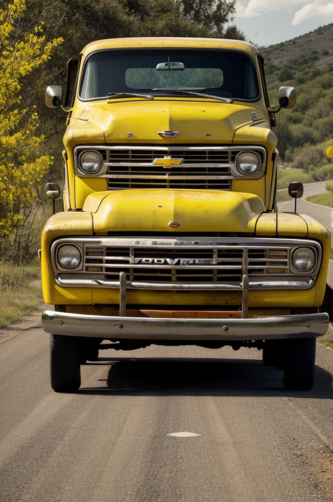 Old Chevrolet truck, with nets, yellow color and red interior, on the road