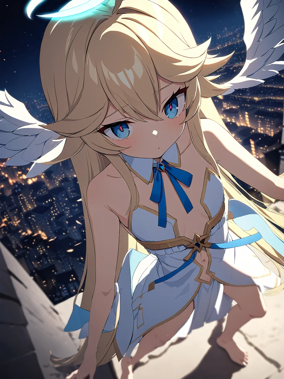 Zaora, blue eyes, (Variegated eyes:0.5), Blonde, Very long hair, Twin Blade, bangs, Ahoge, Hello, Angel, Flat Chest, White Dress, Belly button cutout, Detachable collar, Strapless, Neck ribbon, Bare shoulders, Angel wings, barefoot, One girl, Solo Break Space, City, Depth of written boundary, Cinematic, masterpiece, Highest quality, Game CG