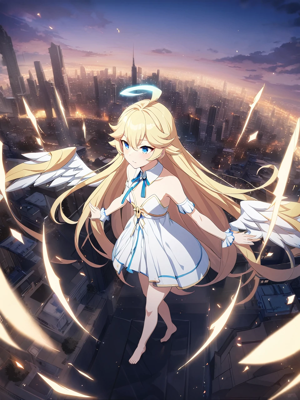 Zaora, blue eyes, (Variegated eyes:0.5), Blonde, Very long hair, Twin Blade, bangs, Ahoge, Hello, Angel, Flat Chest, White Dress, Belly button cutout, Detachable collar, Strapless, Neck ribbon, Bare shoulders, Angel wings, barefoot, One girl, Solo Break Space, City, Depth of written boundary, Cinematic, masterpiece, Highest quality, Game CG