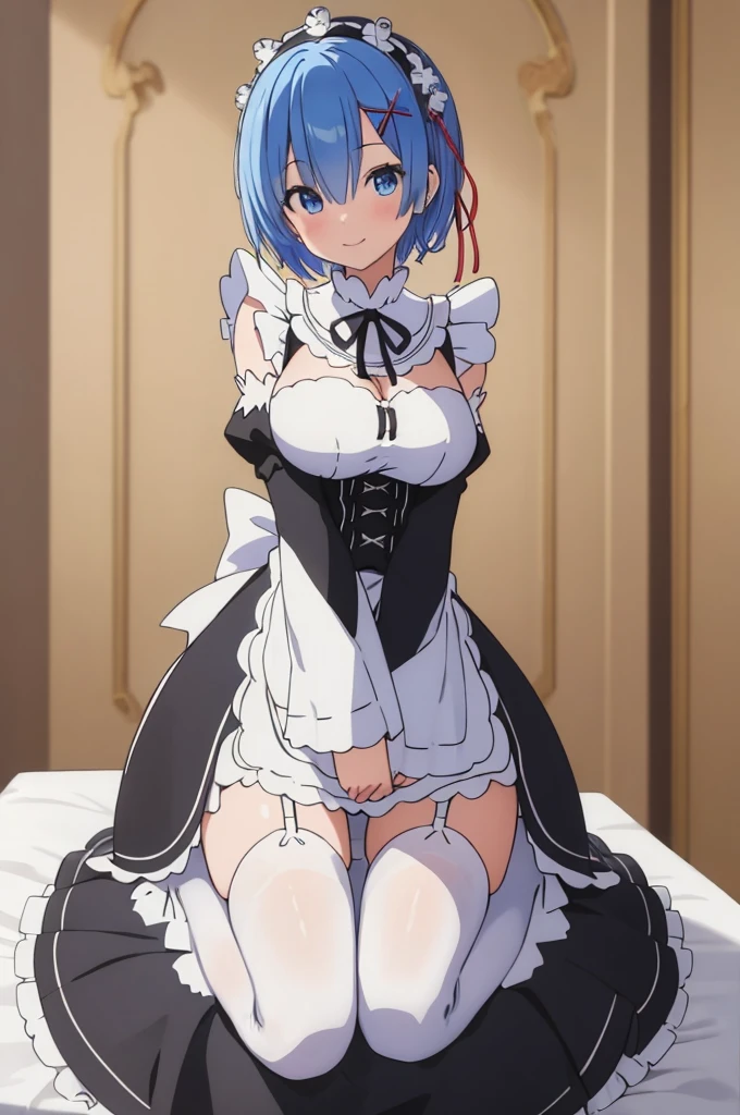 (masterpiece:1.3), (best quality:1.1), (8k, ultra detailed, ultra high res:1.1), (anime style), perfect 5 fingers, perfect anatomy,
1girl,
short hair,
blue hair,
blue eyes,
maid headdress, ribbon, x hair ornament,
large breasts,
maid uniform, black unuform, detached sleeves, white tights,
BREAK smile,
looking at viewer,
cowboy shot,
indoor, on the bed, wariza,
