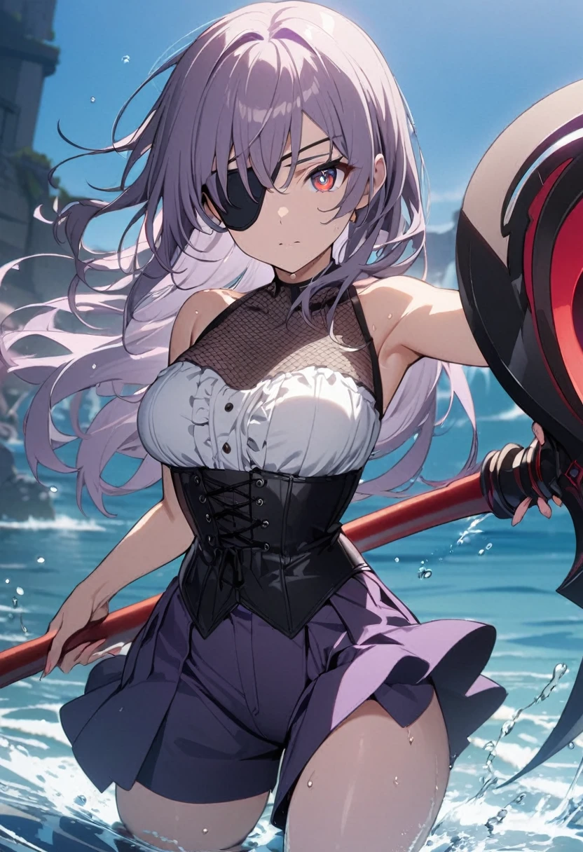 1 girl, masterpiece, best quality, fair skin, purple mesh, red pupils, corset, culottes, black scythe, black rose eyepatch, water, anime