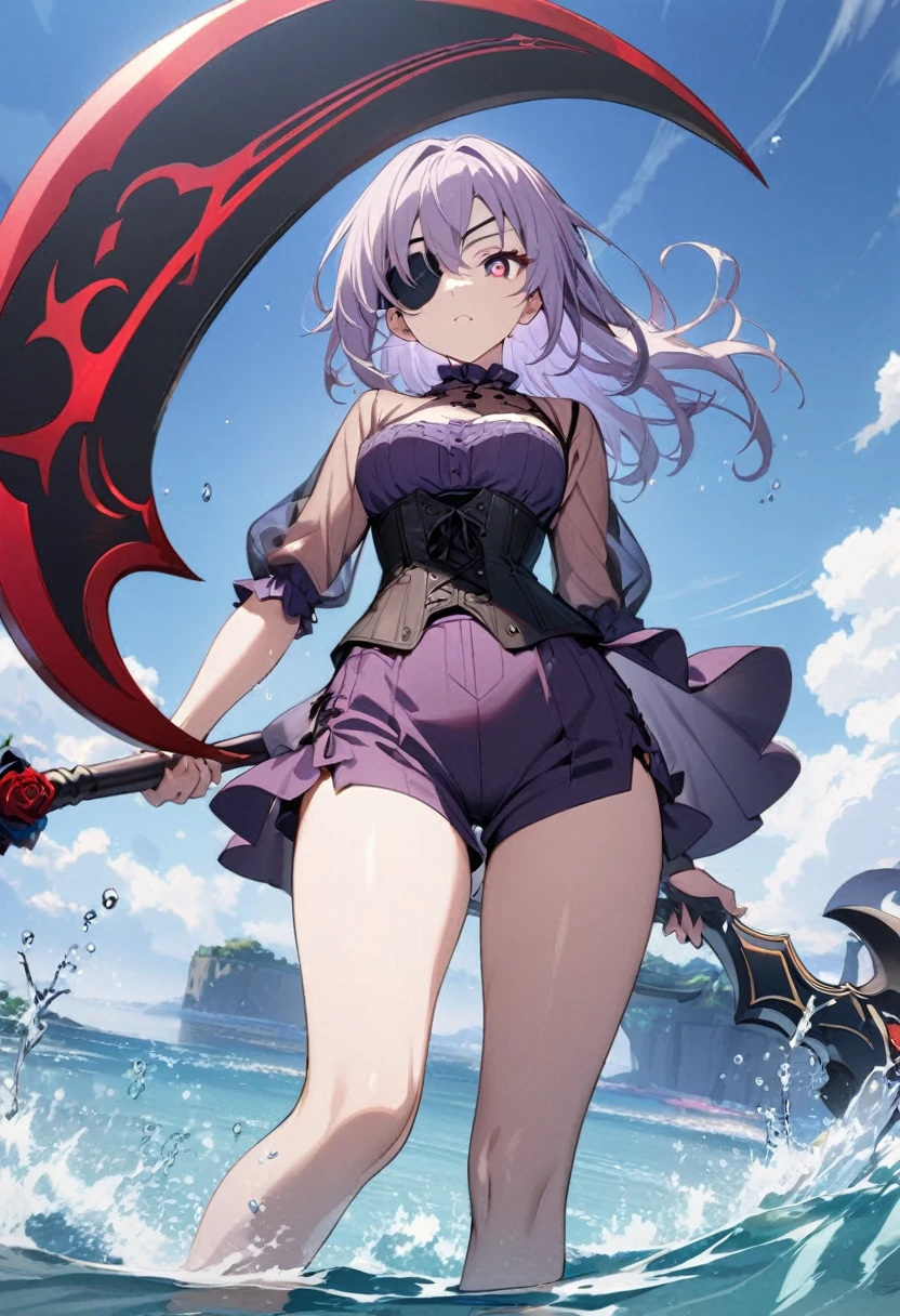 1 girl, masterpiece, best quality, fair skin, purple mesh, red pupils, corset, culottes, black scythe, black rose eyepatch, water, anime