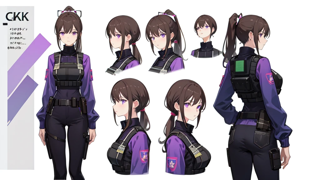 One Mature woman,human, Dark hair with purple strands, Ponytail, purple eyes, black outfit,wearing bulletproof vest, beautiful, masterpiece, best quality, perfect lighting, extremely detailed CG unity 8k wallpaper, reference sheet, model sheet, simple white background, (multiple views, [from behind|from side|from front|close-up|portrait]:1),