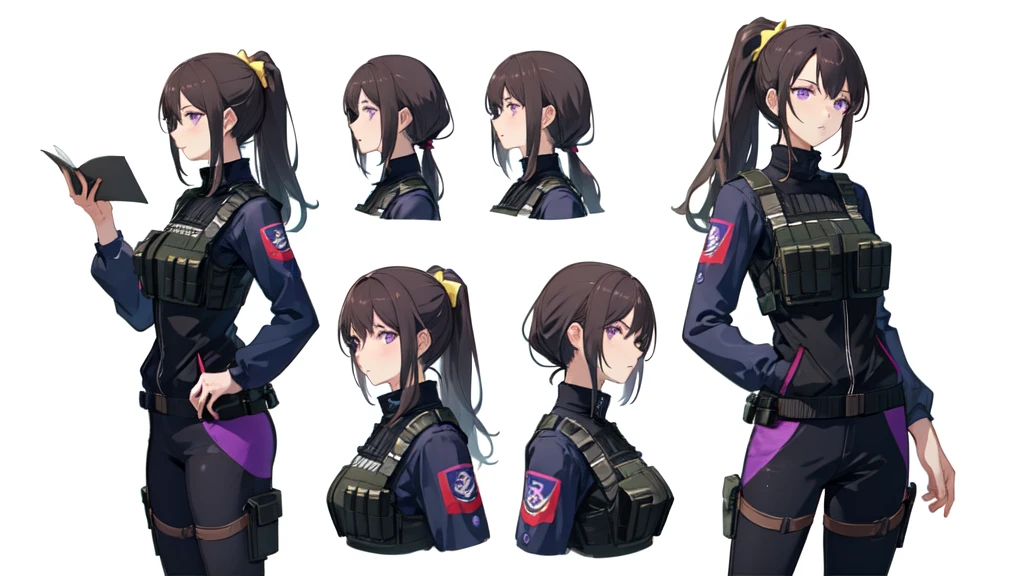 One Mature woman,human, Dark hair with purple strands, Ponytail, purple eyes, black outfit,wearing bulletproof vest, beautiful, masterpiece, best quality, perfect lighting, extremely detailed CG unity 8k wallpaper, reference sheet, model sheet, simple white background, (multiple views, [from behind|from side|from front|close-up|portrait]:1),
