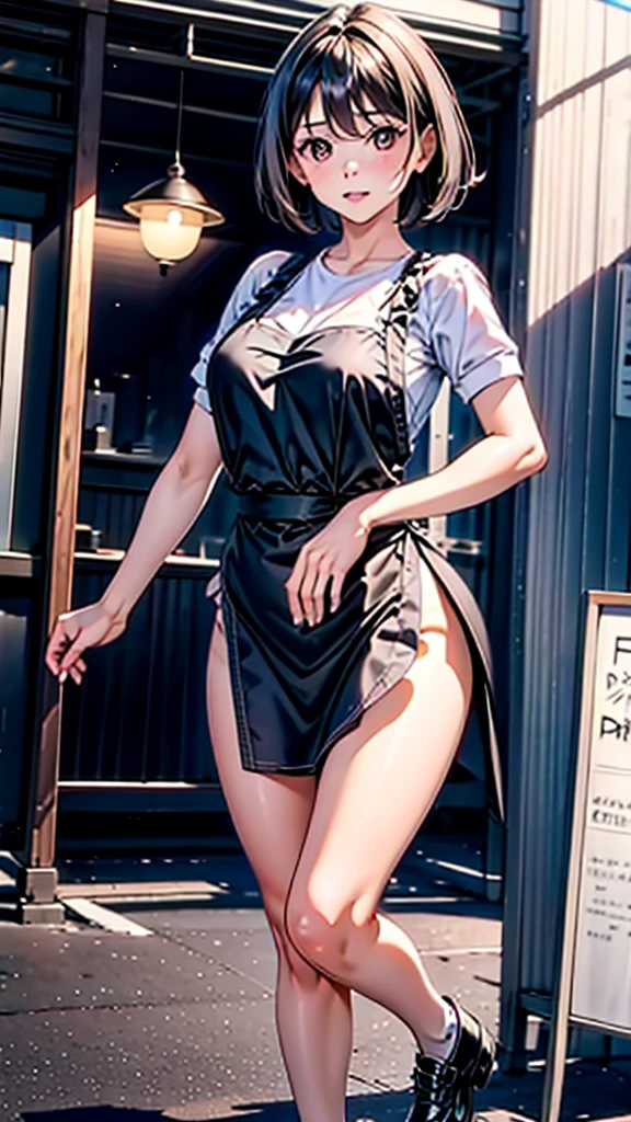full_body,naked_apron,restaurant,from_front,short hair,black hair,good anatomy,best quality,masterpiece,beautiful,cute face