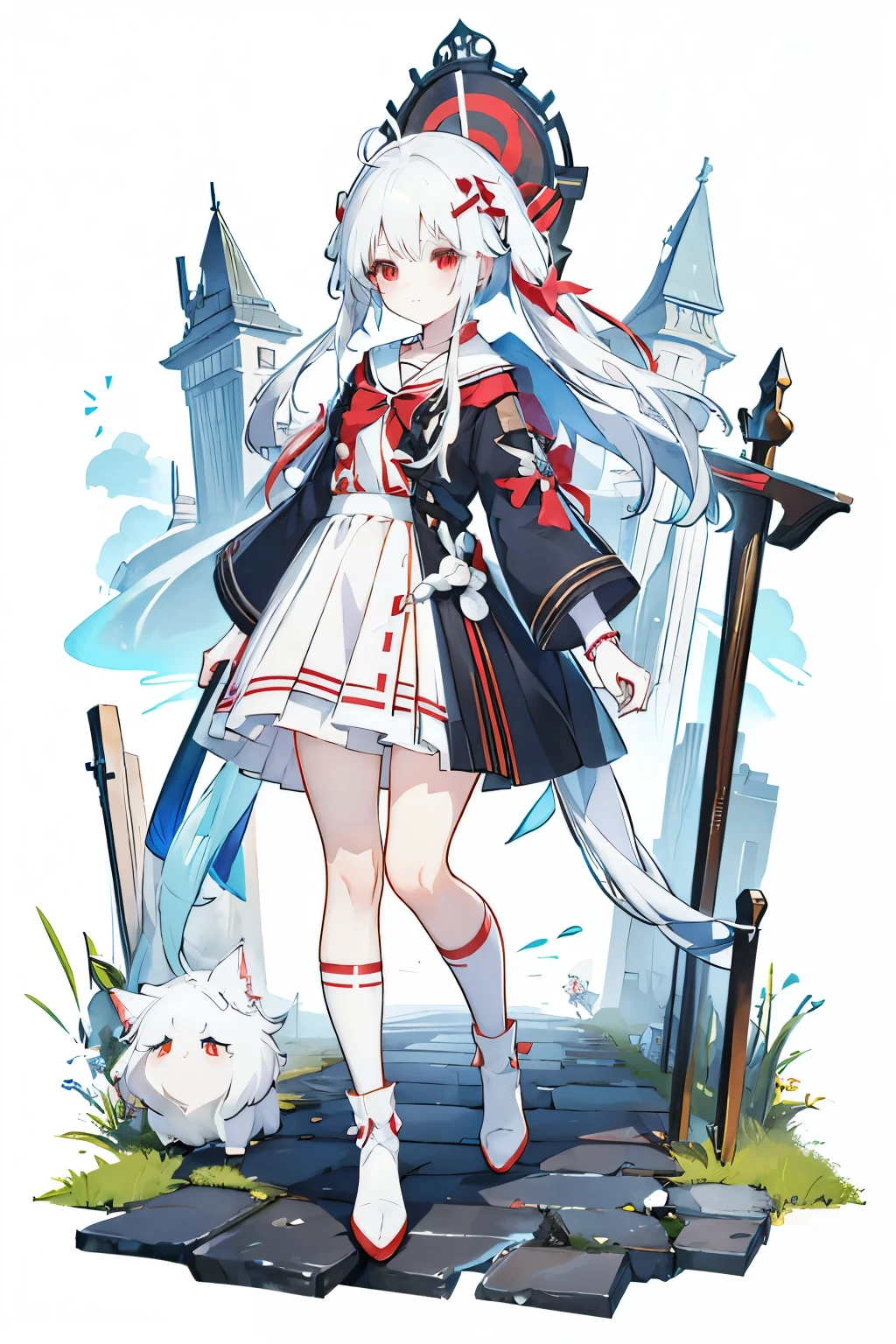 アニメの女の子 with white hair and red bow sitting on the ground, Sailor dress, Cute girl anime visuals, young anime girl, pretty anime girl, White Hair Girl, White background、Full-body portrait、Black boots、Red Eyearine color dress、Knee-high socks、whiteback、Standing girl,Stand Up、Standing girl