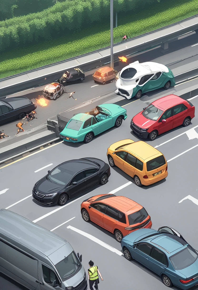 woman,spats,belly button,Tank top,slender,run away,Clothes are torn,Covered in scars,fear,Watery eye,Being chased by a large number of beautiful zombies,End of the World,Defects in the body,Expressway,traffic jam,Car accident,fire