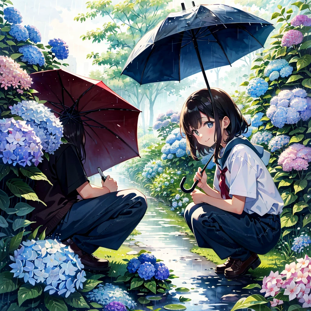 absurdres, highres,
BREAK
girl holding an umbrella in the rain, wearing , Hydrangea Flower, squatting, dynamic angle, watercolor, younger student, smile
BREAK