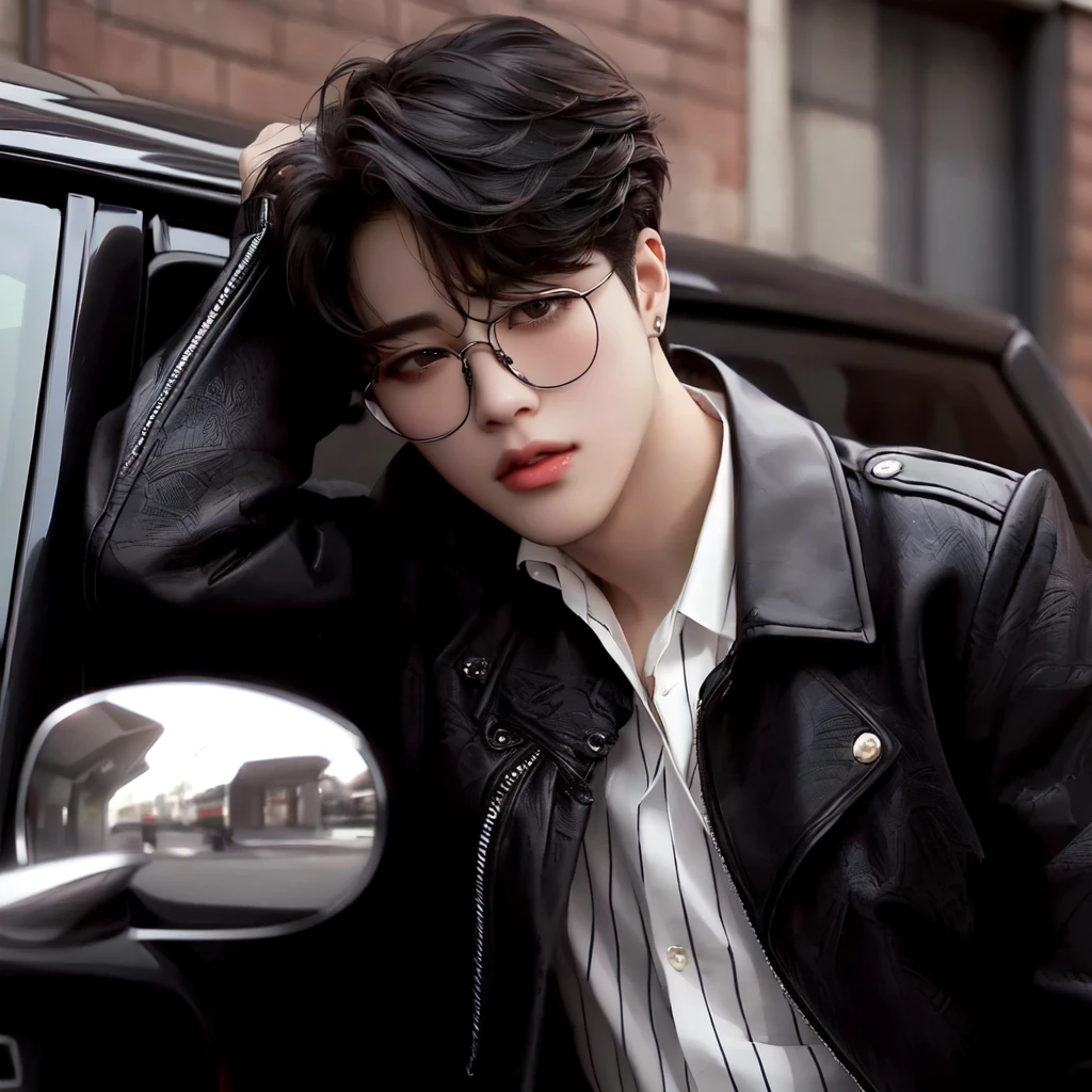 there is a man leaning against a car with his hand on his head, park jimin, jimin\'s plump lips, jung jaehyun, jimin\'s grecian nose, accurate jimin face, taejune kim, korean artist, with glasses, hyung tae, with black eyeglasses, steven jung, male ulzzang