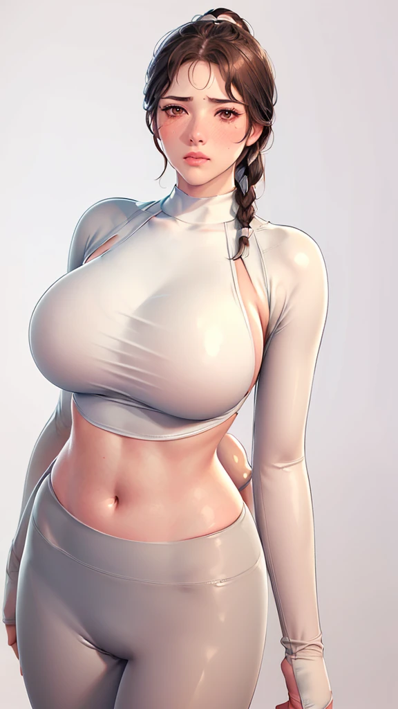 (（（Perfect body,White and tender skin,（（（Black yujiasuit, yoga pants, yoga long sleeves）））,（（（brown eyes, braid, long hair, braided ponytail, single braid, hair over shoulder, bangs, blush, lips）））,((masterpiece)),highres,((Best quality at best)),masterpiece,quality,Best quality,(（（ Exquisite facial features,Looking at the audience,There is light in the eyes,(（（frown，blush）））fitness，sports，）））,（（（Light and shadow,Huge breasts,）））,（（（Looking at the camera,White background)））)